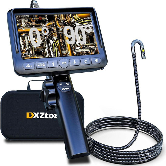 DXZtoz Dual-Lens Articulating Borescope, Engine Endoscope with 0.33in Two-Way Articulated Snake Camera, 5'' Dual Screen, 1080P Inspection Camera with Light for Automotive Home Mechanics-5FT