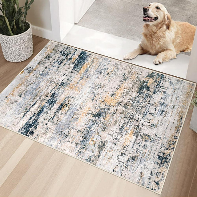 Washable 2x3 Entryway Rugs: Abstract Modern Area Rug Small Non Slip Indoor Door Mat for Kitchen Bedroom Hallway Office (Golden Grey, 2'x3')