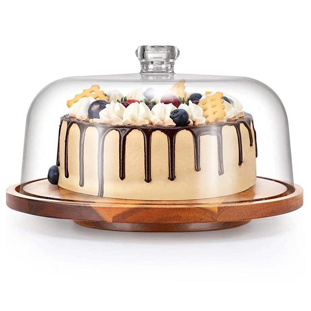 Joequality Wood Cake Stand with Dome,Rotating Cake Stand with Turntable Base,Cake Display Server Tray for Kitchen,Birthday Parties,Weddings,Housewarming Gifts，Acacia Wood Cake Board