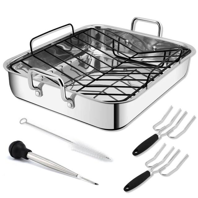Kanmart Roasting Pan with Nonstick Rack - 16-Inch Stainless Steel Rectangular Turkey Roaster Set