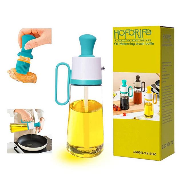 HOFORIFE Glass Olive Oil and Vinegar Bottle with Brush for cooking 2 In 1 for Kitchen Baking BBQ Grill Turkey Basting Pastry (2-blue)