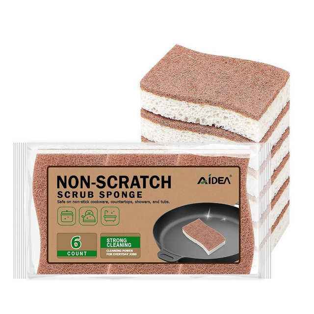 AIDEA Non Scratch Scrub Sponge, 6Count, Natural Sponge for Non Stick Cookware, Sponges Kitchen, Cellulose Sponges for Dishes, Cleaning Power for Kitchen, Bathroom, Household