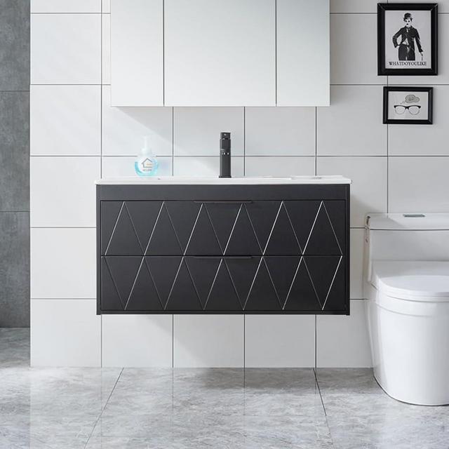 eclife 36" Bathroom Vanities Cabinet with Sink Combo, Wall Mounted Floating Cabinet W/Decor Line, Soft-Close System, 2 Extra Big Drawers, Matte Black Faucet, Black