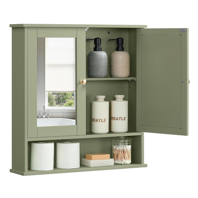 VASAGLE Bathroom Cabinet with Mirror, Wall Cabinet with 2 Mirrored Doors, Adjustable Shelf, Open Compartment, Wall-Mounted, 5.1 x 22.2 x 23 Inches, Sage Green ULHC002C02