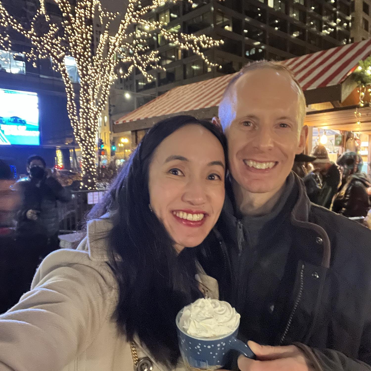 At Christkindlmarket drinking hot cocoa