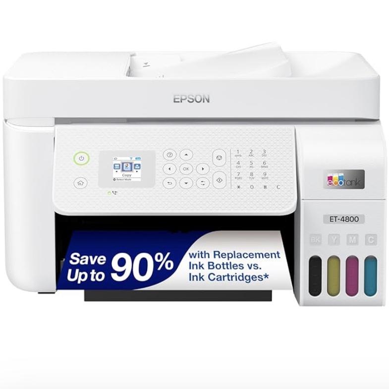 Epson EcoTank ET-4800 Wireless All-in-One Cartridge-Free Supertank Printer with Scanner, Copier, Fax, ADF and Ethernet – Ideal-for Your Home Office, White