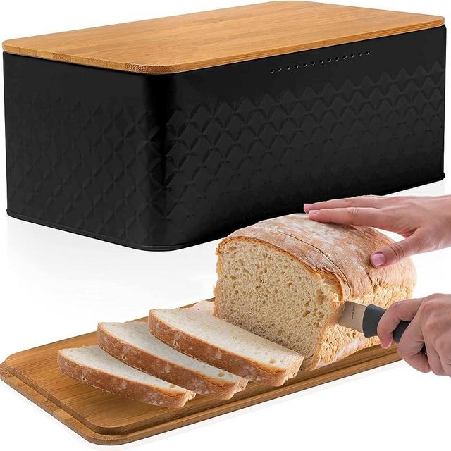 HUAGHLL Bread Box for Kitchen Countertop – Black Bread Container with Bamboo Cutting Board Lid – Metal Large bread storage container –Bread Boxes for Kitchen Counter - Bread Bin Holder Keeper (Black)