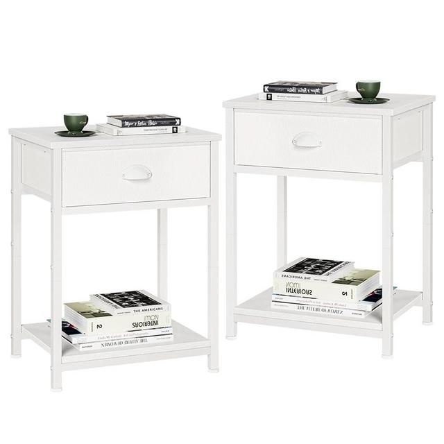 Furologee White Nightstands Set of 2, End Table with Fabric Drawer, Small Side Table for Small Spaces, 2 Tiers Storage Shelves End Table with Dresser, Bedside Table for Living Room, Bedroom, Dorm
