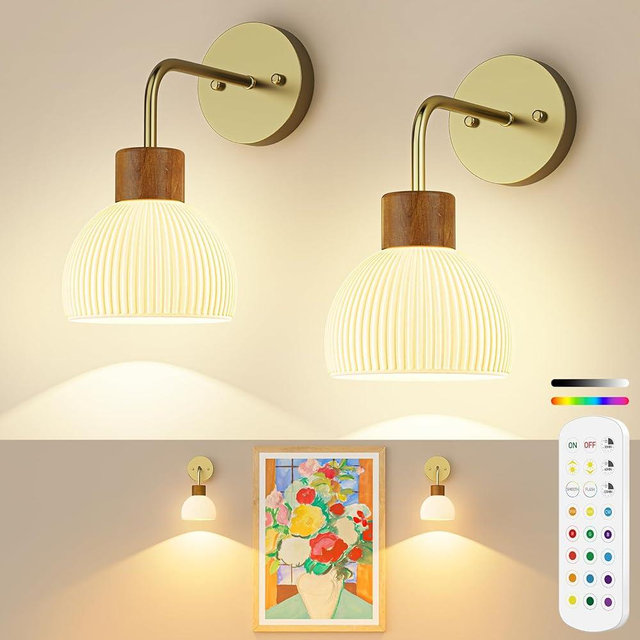 PRTILOUD Glass Battery Operated Wall Sconces Set of 2, Rechargeable Wall Lamp with Remote, 12 Colors Dimmable Wireless Sconces Wall Decor Set of 2 with Timer for Bedroom Living Room (Gold, 2 Pack)