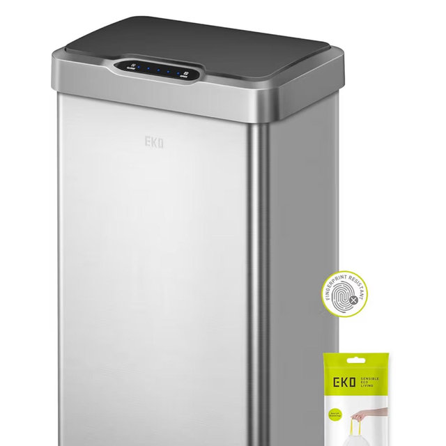 EKO Mirage-T 50 Liter / 13.2 Gallon Touchless Rectangular Motion Sensor Trash Can, Brushed Stainless Steel Finish