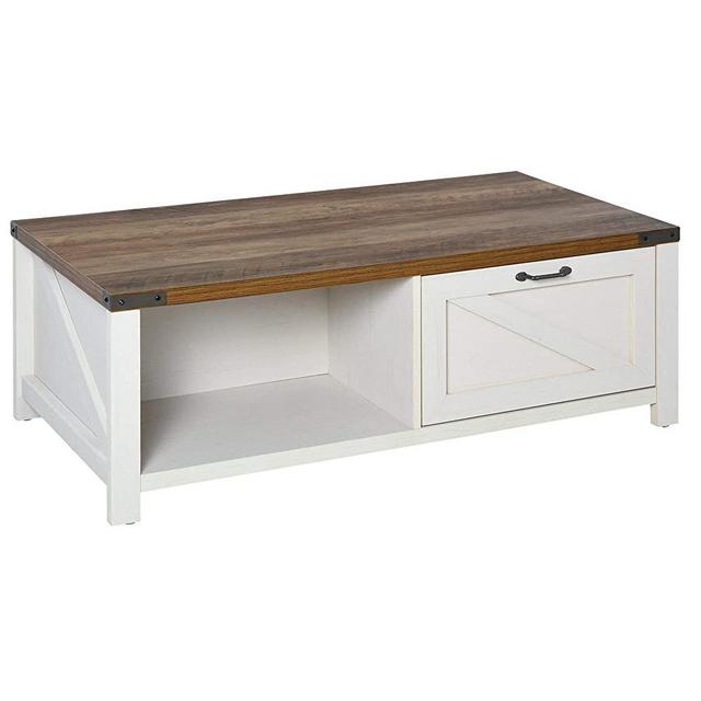 HOMCOM Industrial Coffee Table Side End Desk with 1 Drawer, 1 Open Storage Shelves, and a Modern Farmhouse Style, White