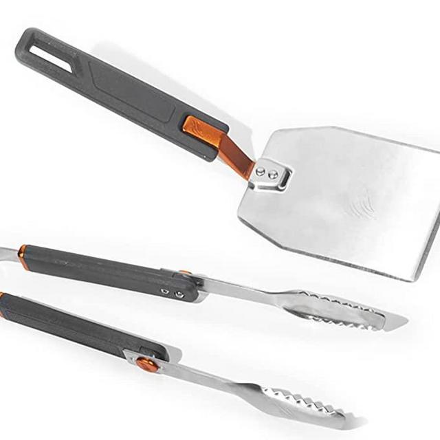 Blackstone 5294 Foldable 2 Piece Hamburger Spatula Flipper and 1 BBQ Tong-Flex Fold Model Stainless Steel-Easy to Carry and Clean Griddle Accessories Tool Set, Black, Orange