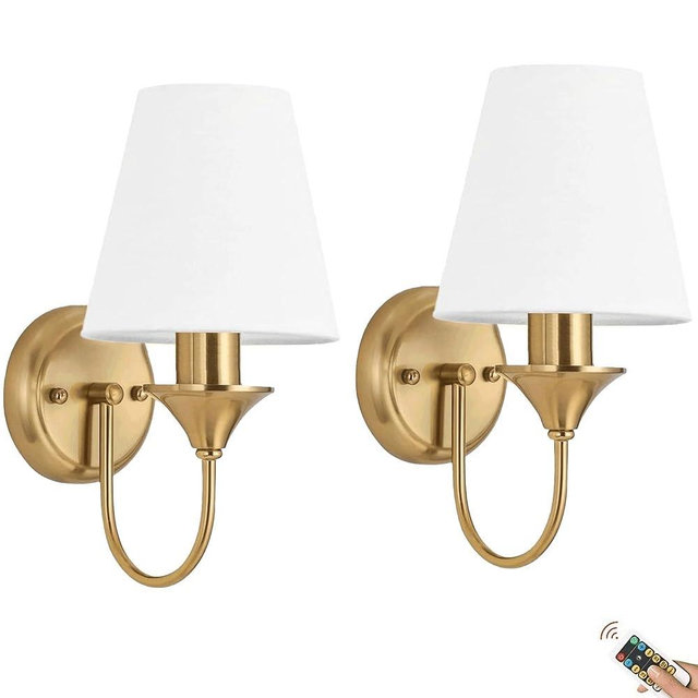 Brass Battery Wall Sconces Battery Operated Wall Lights Set of Two with Rechargeable Bulbs & Remote, Wireless Gold Battery Powered Wall Sconce, Cordless Fabric Wall Lamp for Bedroom Living Room Porch