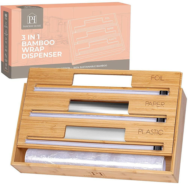 3 in 1 Wrap Dispenser Organizer (3 ROLL FOIL, PAPER, PLASTIC), Kitchen Wrap Organizer Extra Wide 13.5" Foil Cutter. Aluminum Foil Wax Paper Wrap Dispenser with Cutter. Kitchen Food Wrap Storage Holder