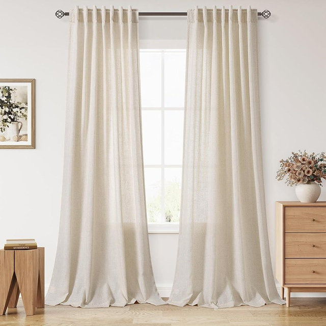 Nanspring Modern Farmhouse Decor Curtains 96 Inches Long for Living Room Linen Cream Beige Luxury Light Filtering Semi Sheer Curtain Back Tab Coastal Drapes for Bedroom Office 52x96, 2 Panels