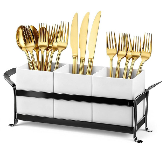 COMNICO Utensil Caddy Silverware Holder, Portable Handle Utensil Flatware Organizers with Metal Brackets Stylish Cutlery Holder for Kitchen Countertop Spoon and Fork