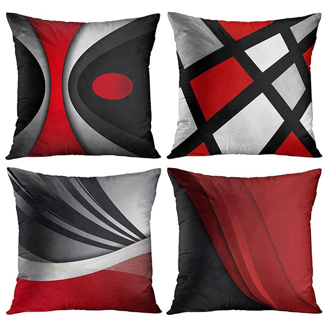 Emvency Set of 4 Throw Pillow Covers Red and Gray Black White Grey Pattern Modern Abstract Bold Stripes Decorative Pillow Cases Home Decor Square 18x18 Inches Pillowcases