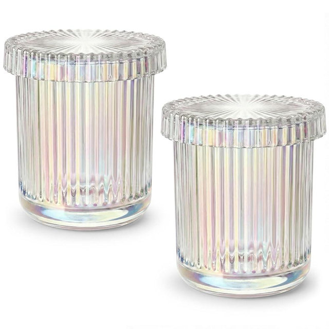 MKOSAB 2 Pack Qtip Holder - Apothecary Jars with Lids, Bathroom Organizers and Storage Canister for Cotton Balls,Swabs,Floss Picks,Hair Ties,Clear Glass Vintage Bathroom Decor Jar Set (Iridescent)