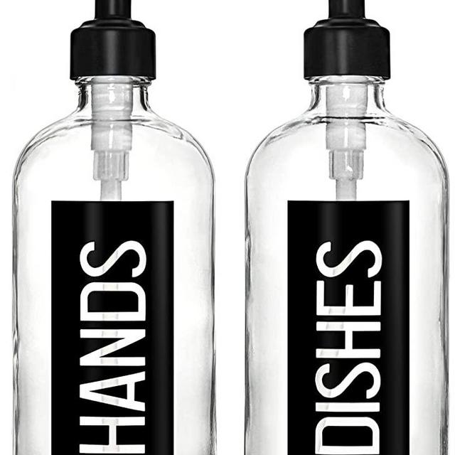 JASAI Classy Black Dish and Hand Soap Dispenser with Black Stainless Steel Pump, Set of 2 18OZ Glass Dish Soap Dispenser for Kitchen, Hand Soap Dispenser for Any Home Decor.(Blk with Blk Pump)