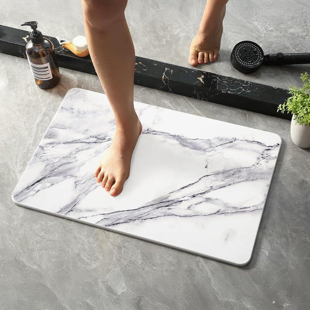 Realion Bath Stone Mat, Fast-Absorbing, Quick-Dry, and Non-Slip Bathroom Mat, Inspired Diatomaceous Earth Bath Mat, White-Marble