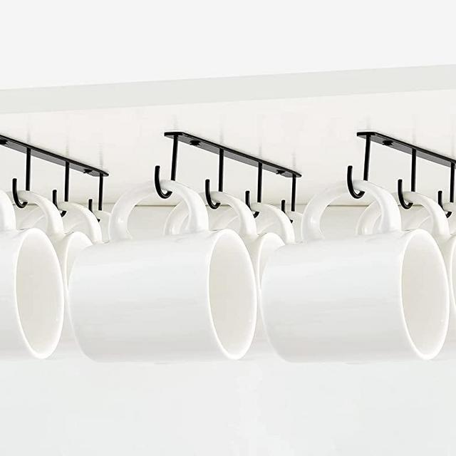 Mkono Mug Hooks Under Cabinet Set of 3 Metal Coffee Mug Holder Rack with 12 Hooks Simple Coffee Cup Organizer for Cabinet Shelf Modern Utensils Cup Storage Display Hanger for Kitchen Coffee Bar, Black