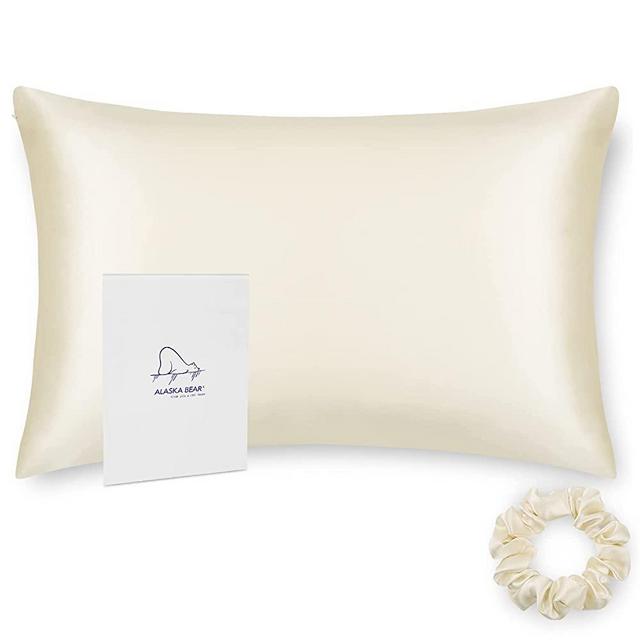 Silk Pillowcase Standard Size for Hair and Skin Beauty Sleep ALASKA BEAR 100% Organic Pillow Slip Case Coordinating Gentle Silk Scrunchie Gift Set (1pc, Cream)