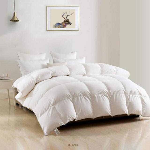 DWR Luxury King Goose Feathers Down Comforter, Ultra-Soft Egyptian Cotton Cover, 750 Fill Power Medium Weight for All Season Hotel Style Fluffy Goose Down Duvet Insert with Ties (106x90 Inches, White)