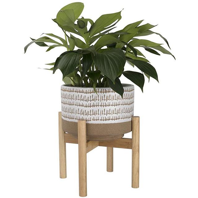 Large Ceramic Plant Pot with Stand - 9.4 Inch Modern Cylinder Indoor Planter with Drainage Hole for Snake Plants, Fiddle Fig Tree, Artificial Plants, Beige & White
