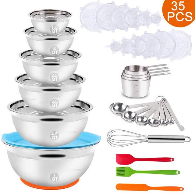 Mixing Bowls Set, 35PCS Kitchen Utensils with Stainless Steel Nesting Bowls, Measuring Cups and Spoons, 12 Reusable Silicone Stretch Lids Non-slip Mat Egg Whisk Baking Set for Prepping Cooking Serving