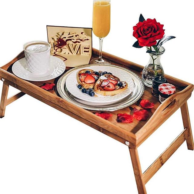Breakfast in Bed Romance-in-a-Box | Romantic Romantic Wedding Birthday Gifts Basket with Breakfast Tray Table and Rose Petals