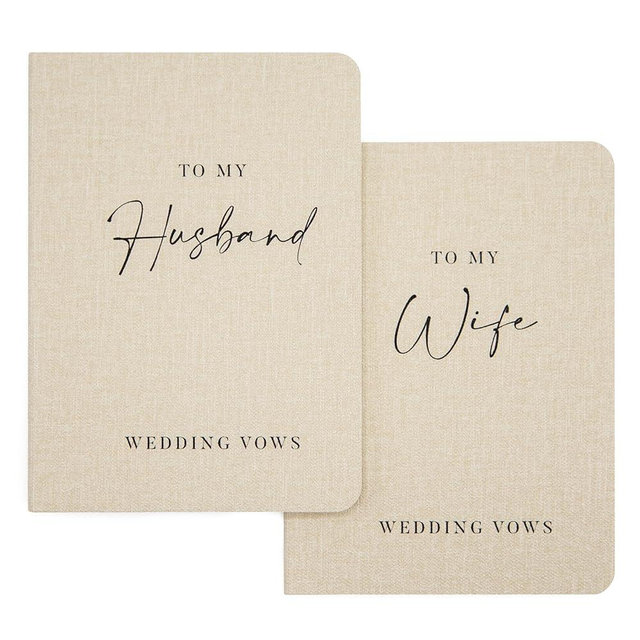Slim Vow Books (Set of 2 - Design 2) - Soft Cream Canvas Linen Textured Cover Wedding Vow Booklets, Ceremony Speech Promise Notebook Journal, Gift for Newly Engaged Couple, 48 Lined Pages, 5.75" x 4"