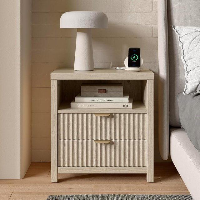 Furnulem Fluted Night Stand with Charging Station,19.7 Inch Wide Bedside Table Nightstand with 2 Wood Slide Drawers and Open Shelf, Modern Bedroom Furniture Wooden Legs and Metal Handle