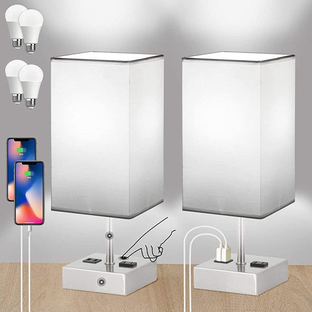 Touch Control Bedside Lamp, USB Table Lamp with 4 Bulbs,3 Way Dimmable Nightstand Lamp with 2 USB Ports & AC Outlet, Touch Desk Lamps for Bedrooms Living Room, Small Table Lamp, White Fabric Shade