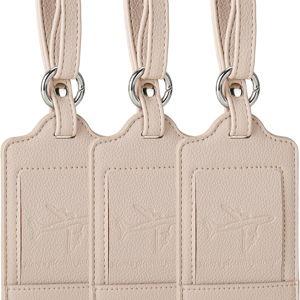 Teskyer Luggage Tags, 3 Pack Premium PU Leather Luggage Tags for Suitcases, Privacy Protection Travel Bag Tags, Lichee Beige
