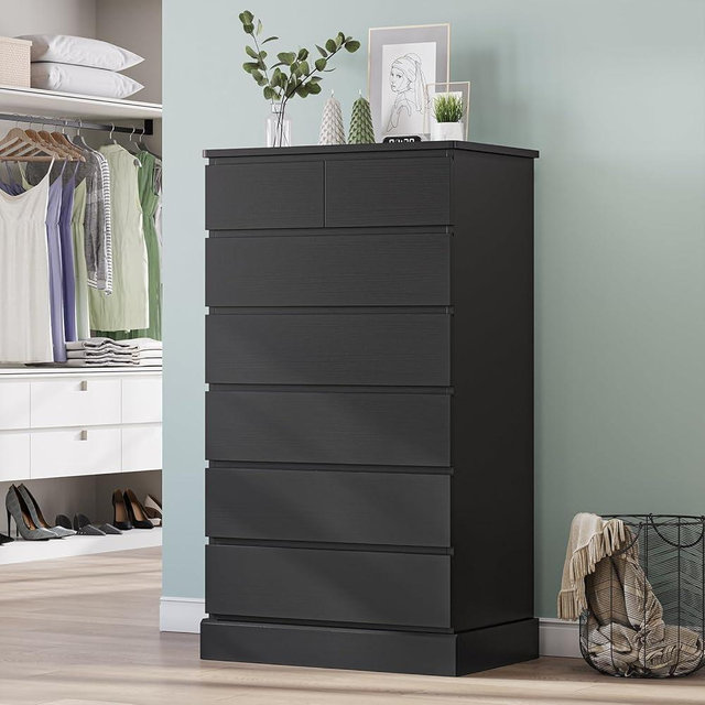 DICTAC Black Tall Dresser for Bedroom with 7 Drawers, 51.8" Tall Dressers & Chests of Drawers, Modern Wood Closet Organizer and Storage Cabinet, Large Vertical Dresser for Bedroom, Closet, Hallway