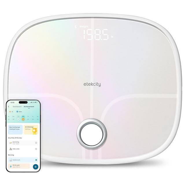 Etekcity Smart Rechargeable Scale for Body Weight, BMI, Fat, Muscle Mass, Digital Bathroom Scale with 13 Metrics, Secret Mode, Bluetooth Connect to Free Apps, Rainbow White