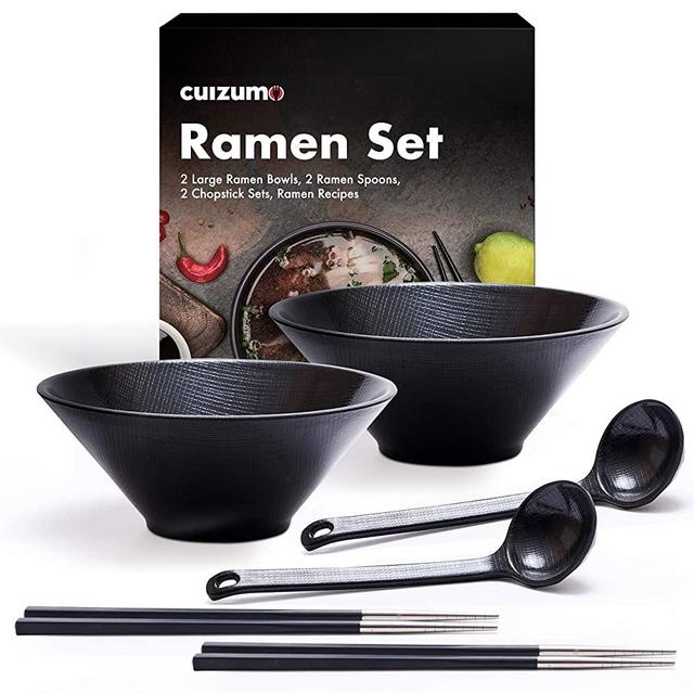 CUIZUMO - Japanese Ramen Bowl Set Melamine Dinnerware Set - 2 Large 32oz Black Ramen Bowls with Chopsticks and Spoon - Ramen Noodles, Pho Bowl & Udon Noodles - Serving Bowls for Kitchen