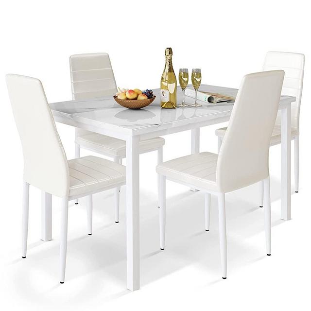 AWQM 5 Pieces Dining Table Set for 4, Kitchen Table and Chairs with Faux Marble Top Table and 4 Leather Upholstered Chairs,Dining Room Table Set for Kitchen, Breakfast Nook,Small Spaces,White