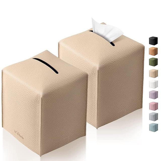 Tissue Box Cover, Tclouda, Modern PU Leather Square Tissue Box Holder for Creative Decorative, 2 Pack, Ideal for Bathrooms/Office/Car/Nightstand/Outdoor Tent/Dining Table, 5"X5"X5", Double Beige
