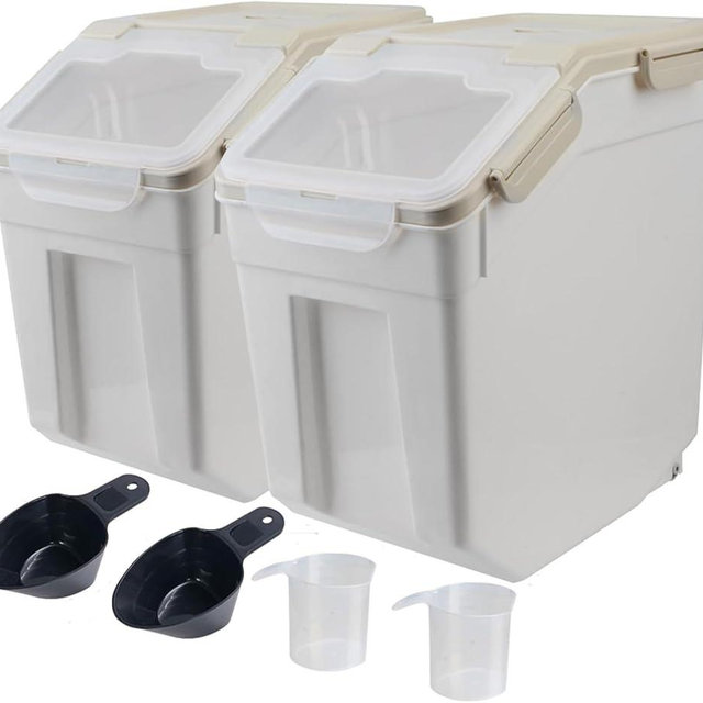 AnRui Airtight Flour Storage Container 25lb, Plastic Grain Storage Bucket, Rice Cereal Dispenser Organizer Box with Lid, Cat Dog Food Storage Bin with Measuring Cup, Scoop, Wheels, 2Pcs Grey