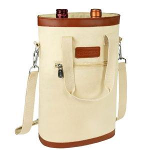 opux Two Bottle Wine Bag Carrier Tote, Insulated Leakproof 2 Bottle Wine Cooler Bag for Travel BYOB Picnic, Portable Wine Case, Gift for Men Women Wine Lover Birthday Party Christmas, Cream Beige