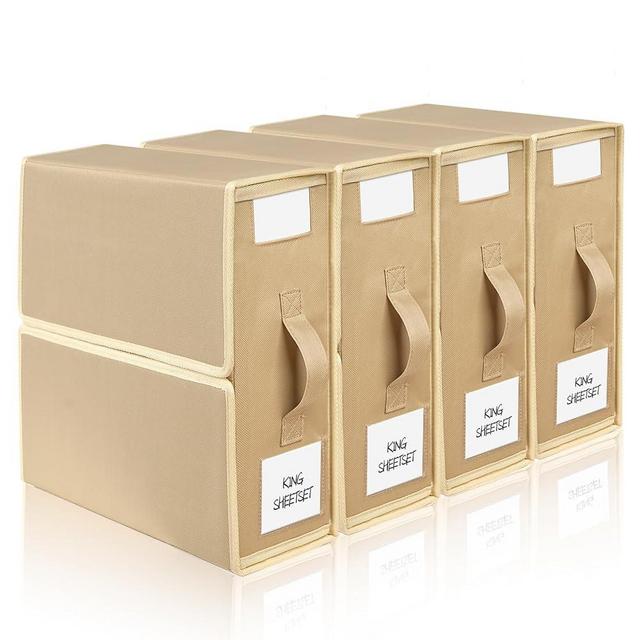 BIKTIC SheetCube Bed Sheet Organizers and Storage,4 Pack Sheet Folder Organizer (Queen or King Size), Linen Closet Organizer for Bedding Sheets,Duvet Covers and Pillow cases,khaki