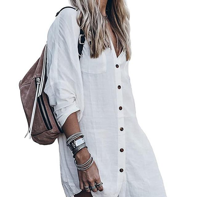 Women’s Swimsuit Cover up,Silky Button Down Shirt Midi Dress Kimono,Summer Bathing Suit Beach Coverups for Women (CP-Aline)