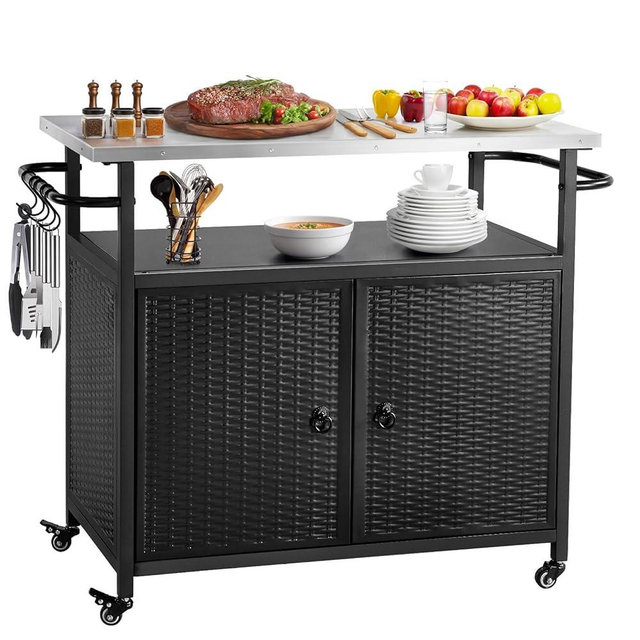 Outdoor Storage Cabinet, Patio Bar Tables with Wheels, Kitchen Island Cart with Stainless Steel Top for BBQ, Patio, Backyard