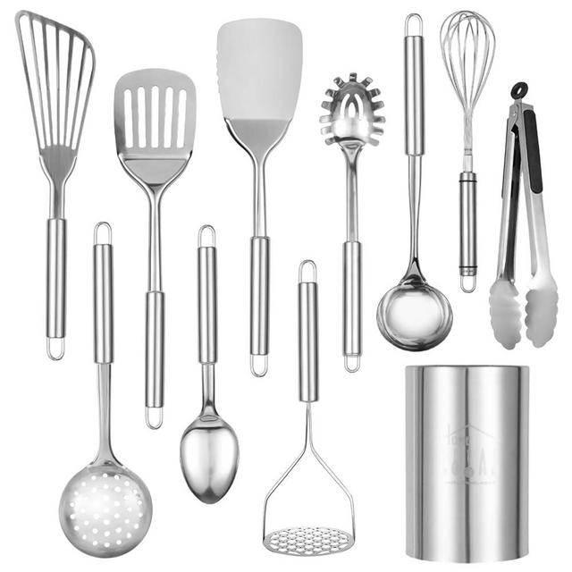 Stainless Steel Cooking Utensils Set - 11pcs Kitchen Utensils Set with Holder for Cooking, Stainless Steel Utensils Set with Potato Masher, Skimmer, Spoons, Turners, Whisk, Tongs