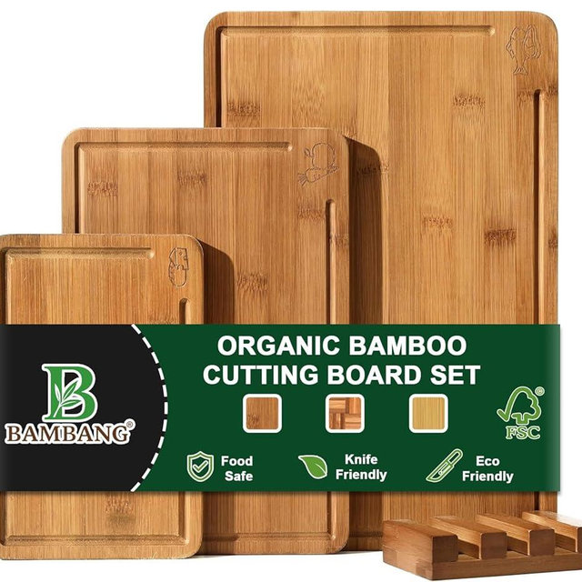 BAMBANG Bamboo Cutting Board, Dark Carbonized Chopping Boards Set of 3 with Stand, Butcher Block with Deep Juice Groove, Non-Toxic Wooden Cutting Boards for Kitchen Meal Prep & Serving