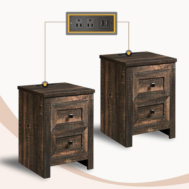AMERLIFE Nightstand Set of 2 with Charging Station, Rustic Bedside Table with Drawers Storage, Farmhouse Wood Night Stand for Bedroom, Living Room, Dark Oak