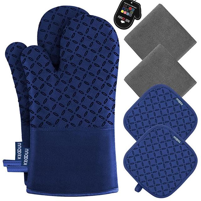 KEGOUU Oven Mitts and Pot Holders 6pcs Set, Kitchen Oven Glove High Heat Resistant 500 Degree Extra Long Oven Mitts and Potholder with Non-Slip Silicone Surface for Cooking (Gray) (Marine Blue)