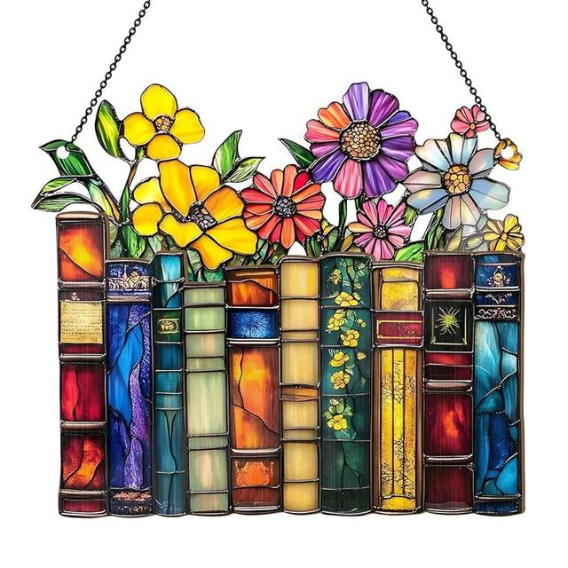 Jesuspirit - Window Hanging Suncatcher – Crystal Clear Acrylic & Wood Sun Catcher for Home Decor, for Women (Vintage Flower Book, 8 Inches)