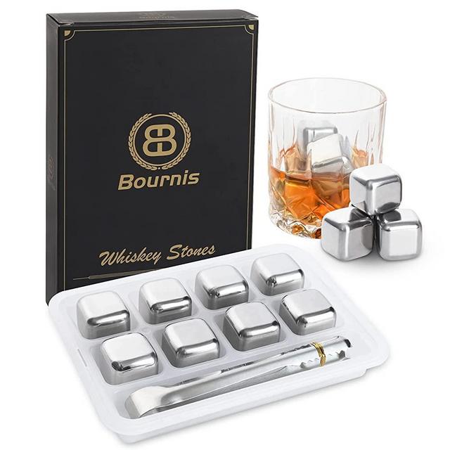 Whiskey Stones Gift Set Chilling Stones Gifts For Men Bournis Stainless Steel Reusable Ice Cube With Ice Tongs and Tray (Pack of 8)